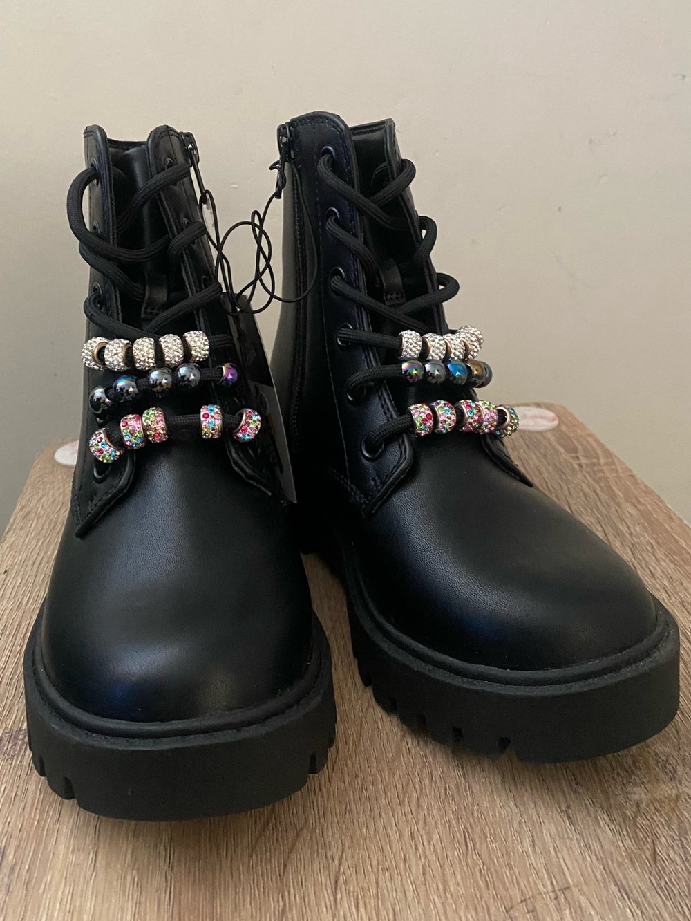Target Black Combat Boots with Multicolor Bead Accents